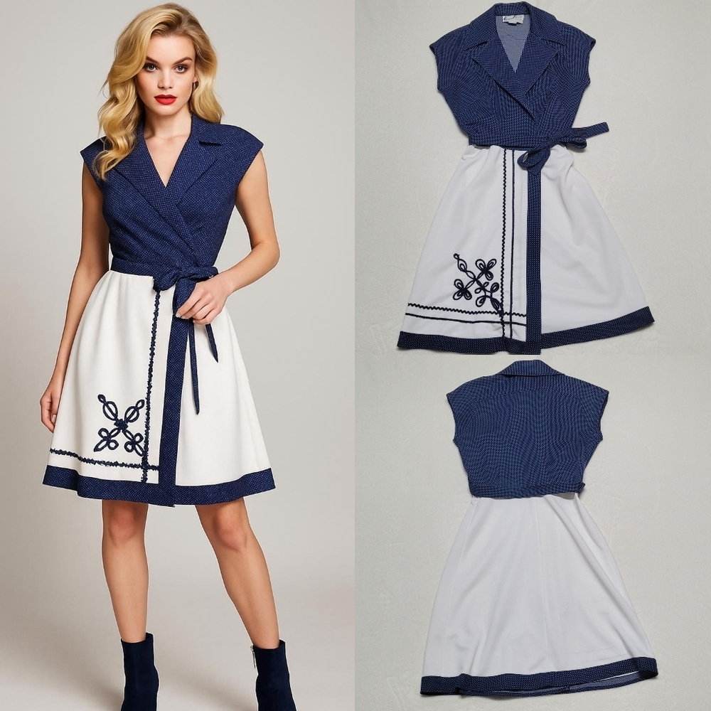Herman Marcus 60s Vintage Blue White Polka-dot Dagger Collar Midi Wrap Dress 8 - Picture 1 of 12